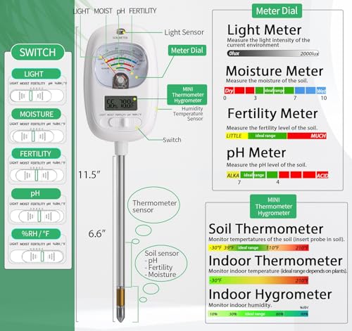HSLGOVE Soil Test Kit, 7-in-One Soil Moisture Meter/Soil PH Meter/Fertility, Dual Screen Soil Tester w/Digital Soil Temp/Air Temp&Humidity for Plants Gardening,Lawn,Farm Indoor&Outdoor-Lvory White