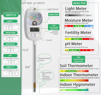 HSLGOVE Soil Test Kit, 7-in-One Soil Moisture Meter/Soil PH Meter/Fertility, Dual Screen Soil Tester w/Digital Soil Temp/Air Temp&Humidity for Plants Gardening,Lawn,Farm Indoor&Outdoor-Lvory White