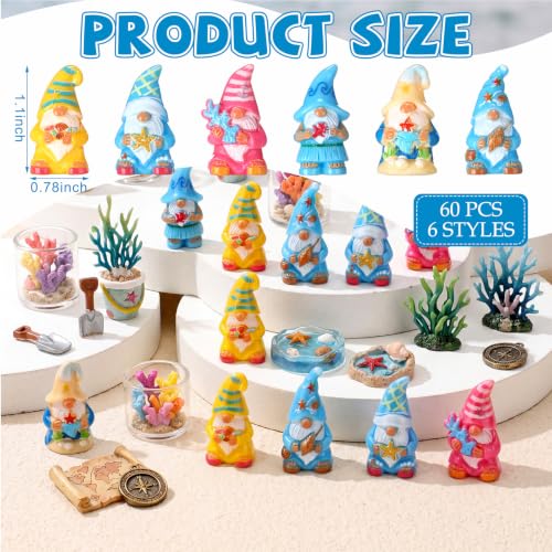 Yaomiao 60 Pcs Mini Summer Ocean Gnomes Figurines Summer Starfish Coral Shell Miniature Tiny Resin Statues Gnomes Figures Resin Gnome Decorations for Beach Hawaiian Party Favor Gift Tiered Tray Decor - style: Summer Ocean