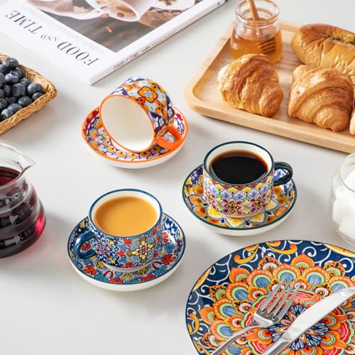 vancasso 4 Oz Bohemian Espresso Cup Set of 4, Ceramic with Saucers | Microwave and Dishwasher Safe, Easy Clean, For Cappuccino, Tea, Latte, Espresso, Stackable Design with Metal Display Stand - size: 4 Oz