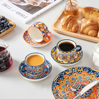 vancasso 4 Oz Bohemian Espresso Cup Set of 4, Ceramic with Saucers | Microwave and Dishwasher Safe, Easy Clean, For Cappuccino, Tea, Latte, Espresso, Stackable Design with Metal Display Stand - size: 4 Oz
