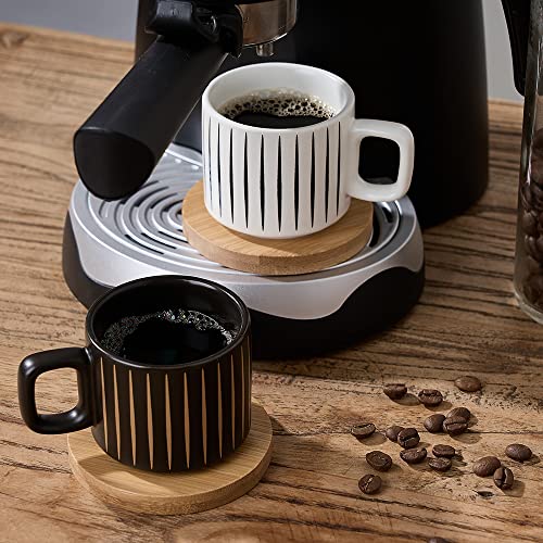 LUKA Porcelain Espresso Cup with Saucer and Metal Stand, 4 Ounce Stackable Ceramic Demitasse Espresso Mugs Cups Set for Latte, Specialty Coffee Drinks, Cafe Mocha,Tea - Set of 4, White & Black - color: Black & White Stripes