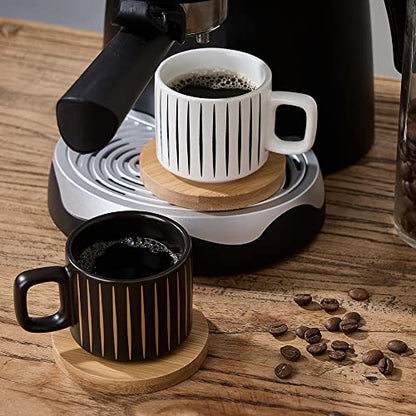 LUKA Porcelain Espresso Cup with Saucer and Metal Stand, 4 Ounce Stackable Ceramic Demitasse Espresso Mugs Cups Set for Latte, Specialty Coffee Drinks, Cafe Mocha,Tea - Set of 4, White & Black - color: Black & White Stripes