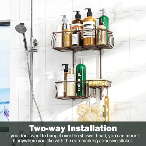 Epicano Shower Caddy Hanging Over Head, Bronze | Rustproof,4 Hooks for Towels,Sponge and & Bathroom Accessories,Anti-Swing Suction Cups & Adhesive hooks - color: Bronze