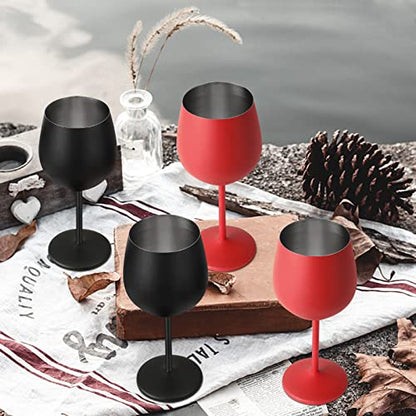 Lifecapido Stainless Steel Wine Glasses Set of 4, 18oz Stainless Steel Wine Goblets, Metal Wine Glasses with Cup Brush for Party Office Wedding Anniversary, Great for Red White Wine, Black and Red - color: Black and Red