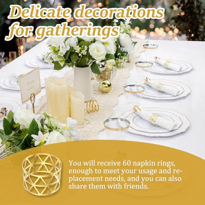 60 Pcs Gold Napkin Rings Bulk, Metal Napkin Holder Buckles, Exquisite Hollow Out Napkin Ring for Dinner Table Decoration Christmas Holiday Wedding Birthday Party Gathering