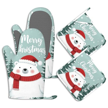 Cute Polar Bear Oven Mitts and Pot Holders Winter Merry Christmas Silicone Kitchen Accessories Set of 4 Heat Resistant Non-Slip Long Gloves Potholder for Chef Cooking Baking Gifts Women Men - color: Cute Polar Bear,winter Merry Christmas