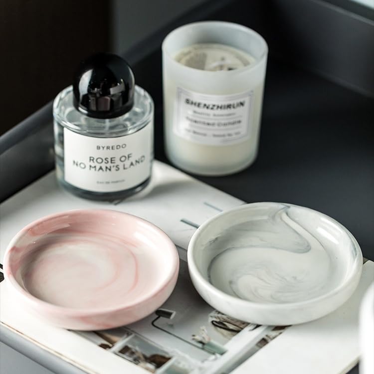 Round Marble Soap Tray, Small Ceramic Soap Dish, Cute Trinket Plate (Grey) - color: Grey