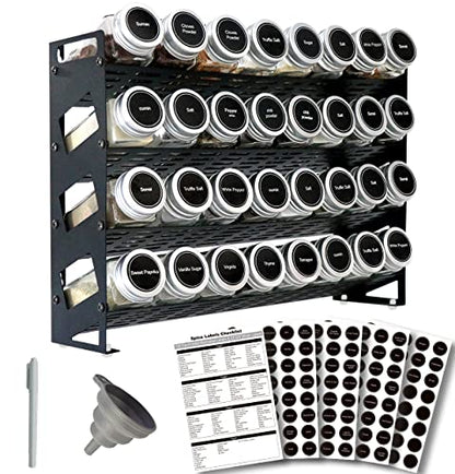 4 Tier Spice Rack Organizer with 32 Square Spice Jars and 160 Spice Labels Set for Kitchen Cabinet Countertop Pantry or Wall Mount, Matte Black - size: 4 Tier With Jars