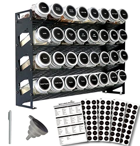 4 Tier Spice Rack Organizer with 32 Square Spice Jars and 160 Spice Labels Set for Kitchen Cabinet Countertop Pantry or Wall Mount, Matte Black - size: 4 Tier With Jars