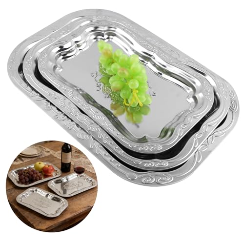 3Pack Silver Serving Trays Set,Vintage Floral Engraved Mirror Decorative Tray,Silver Platter Tray for Whiskey, Cookies, Charcuterie, Snacks, Desserts, Fruit, Party Food Display
