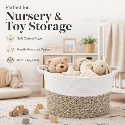 Woven Storage Baskets for Organizing - 1 Piece Cotton Rope & Handwoven Cattail Decorative Bins with Reinforced Handles, Nesting Nursery Basket Set for Closet, Shelf, Toys, and Towels