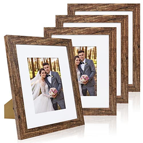 Hongkee 8x10 Picture Frame Set of 4, Made of Real Glass and Rustic Brown Wooden Frame, 8 by 10 Photo for Wall or Tabletop - Display Picture 5x7 with Mat or 8x10 Without Mat - color: Rustic Brown, size: 8x10 in