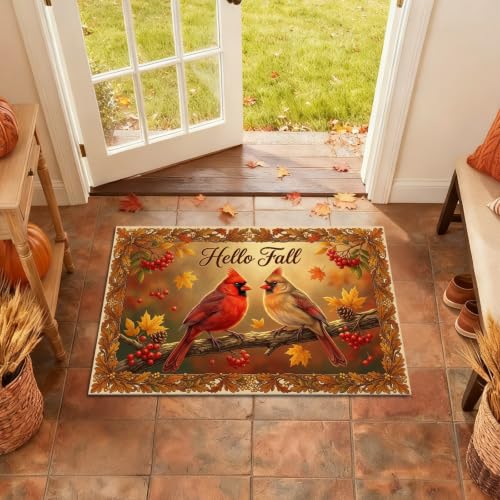 Cardinal Welcome Door Mat, Seasonal Rustic Leaves Berries Fall Brown Washable Low Profile Decorative Doormat for House Office Outside Inside Entrance Decor 29x17 Inch