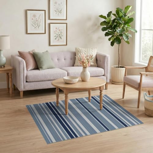4'x6' Navy Blue Welcome Layered Beachy Front Washable Area Rug | Striped Nautical Design with Balanced Bands for Bedroom, Reading Nook, Pet Friendly & Non-Shedding - color: Blue White/Pattern 3, size: 4' x 6' (Rectangular)
