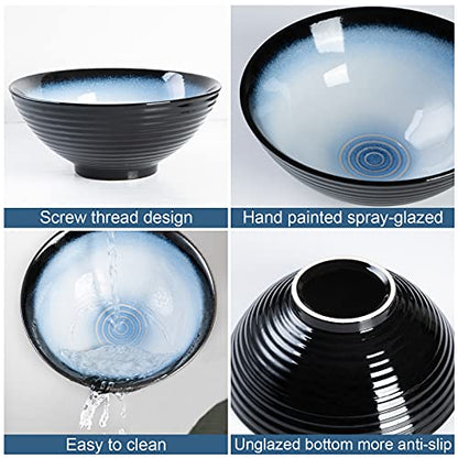 Ceramic Japanese Ramen Bowl Set, 2 Sets Asian Pho Udon Soup Noodle Bowls with Spoons and Chopsticks (Black/Blue, 8 inches) - color: Black/Blue