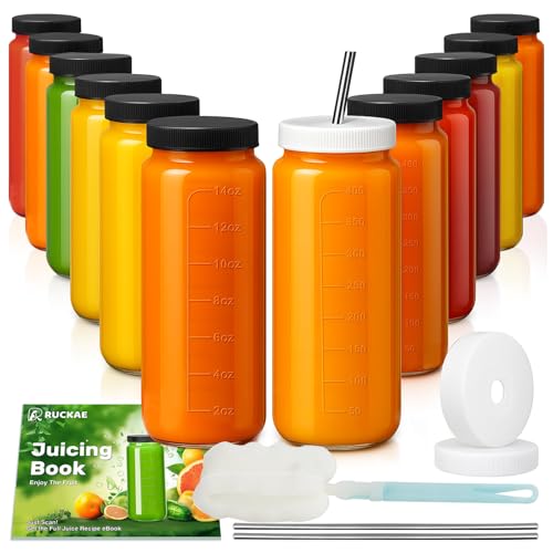 Ruckae 16oz 12 Pack Juice Bottles, Glass Bottles Juicing with Lids, Smoothie Cup Lids and Straws, Water Bottle Mason Jar Drinking Glasses for Juicing, Smoothies, Kombucha - color: Transparent, size: 16oz-12pack