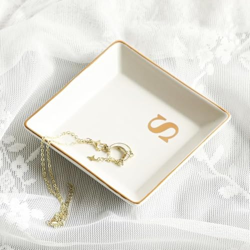 COLLECTIVE HOME - Ceramic Jewelry Tray, Monogram Decorative Trinket Dish for Rings Earrings Necklaces Bracelet Watch Keys, Birthday Mother's Day Christmas Gift for Women, 4" x 4" (S) - color: S
