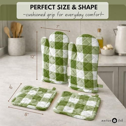 Native Fab Buffalo Plaid Check Oven Mitts and Pot Holders Set of 4, 100% Cotton Heat Resistant Kitchen Gloves, 2 Oven Mitts (7x13), 2 Pot Holders (8x8) for Cooking & Baking, Mint Green White - color: Buffalo, Mint Green