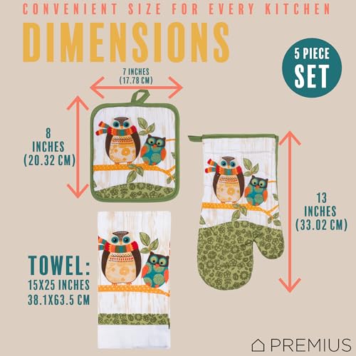 5 Piece Owls Printed Kitchen Linen Set By PREMIUS, 2 Cotton Towels, 2 Potholders, 1 Oven Mitt with Hanging Loop, 100% Cotton Material on Front & Polyester Backing, Perfect Kitchen Accessory, Gift - color: Owls
