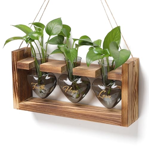 Plant Terrarium Propagation Stations Hydroponics | Home Garden Decoration Gift for Women with Wooden Stand Heart Shaped Colored Glass Vase - color: Gray(Faith Hope Love)