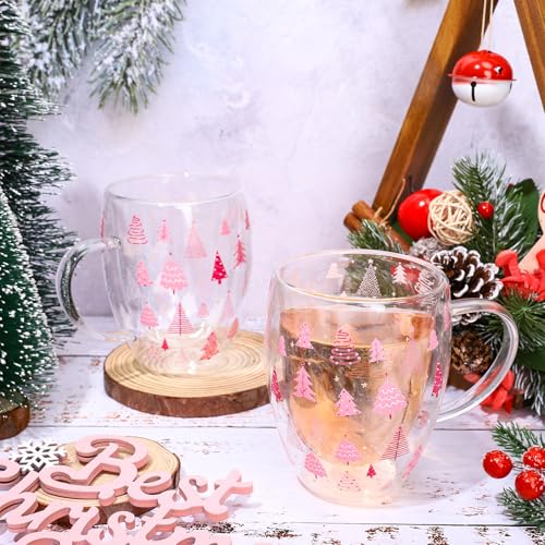 JarThenaAMCS Christmas Double Wall Glass Coffee Mugs 12oz Cute Pink Xmas Tree Insulated Glasses Clear Espresso Cups with Handle for Home Holiday Supplies, Set of 2 - style: Pink Xmas Tree