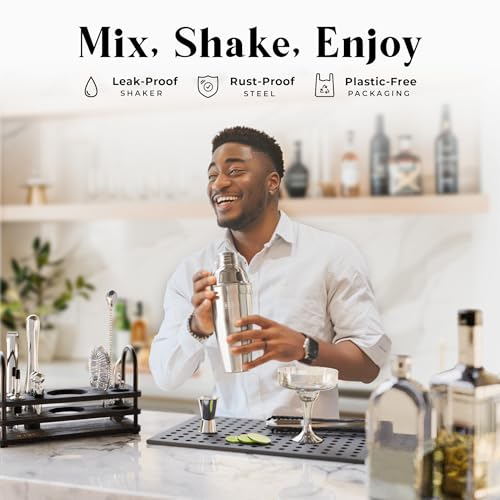 BARE BARREL® Mixology Bartender Kit Bar Set | 14-Piece Cocktail Shaker Set | Martini Barware Mixing Tools for Home Bartending | 35 Recipe Cards | Gift Set (24oz Cobbler Shaker, Silver/Black) - color: Silver/Black