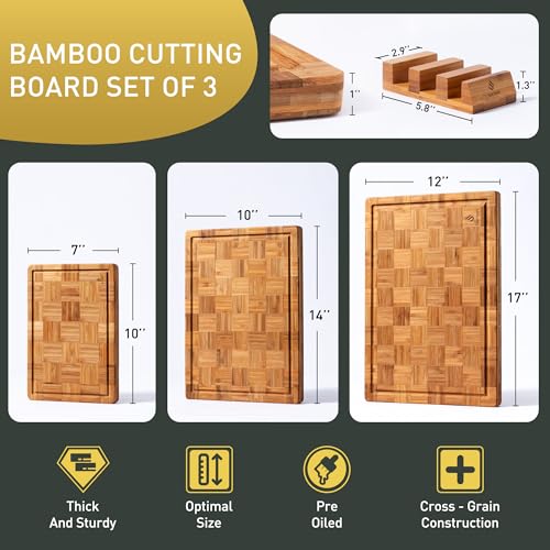 3 Pack Heavy Duty Bamboo Cutting Board Set Non Toxic Wooden Cutting Board for Kitchen Non Slip Solid End Grain Thick Wood Juice Groove Chopping Board Extra Large Butcher Block Best House Warming Gift - size: Multiple Sizes (Set of 3)