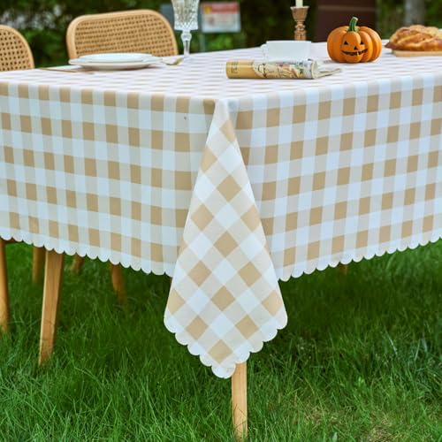 MANGATA CASA Tan Gingham Tablecloth Rectangle- Checkered Waterproof Tablecloths-Polyester Buffalo Plaid Wrinkle Free Table Cloth (Light Brown 60x84in) - color: Light Brown, size: 84" x 60" (Rectangular)