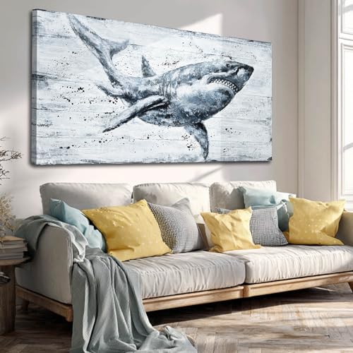 Modern Art Wall Decor Shark Wall Art Nature Seascape Poster Prints Framed Coatal Artwork for Living Room Bedroom Office Decoration 24"x 48" - color: Shark, size: 48"L x 24"W