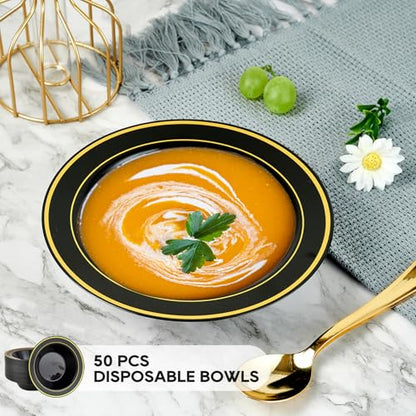 50PCS 12oz Black Disposable Plastic Soup Bowls with Gold Rim | Plastic Bowls for Christmas Thanksgiving Premium Disposable Soup Dessert Salad Bowls for Wedding/Party/Halloween - color: Black, style: 50Count
