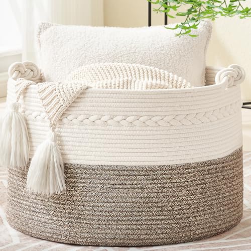 KAKAMAY Large Blanket Basket (20"x13"),Woven Baskets for storage Baby Laundry Hamper, Cotton Rope Blanket Basket for Living Room, Laundry, Nursery, Pillows, Baby Toy chest (White/Beige) | Extra Large Capacity | Natural Cotton Rope | Blanket Storage | Wove
