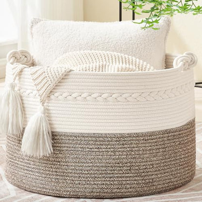 KAKAMAY Large Blanket Basket (20"x13"),Woven Baskets for storage Baby Laundry Hamper, Cotton Rope Blanket Basket for Living Room, Laundry, Nursery, Pillows, Baby Toy chest (White/Beige) | Extra Large Capacity | Natural Cotton Rope | Blanket Storage | Wove