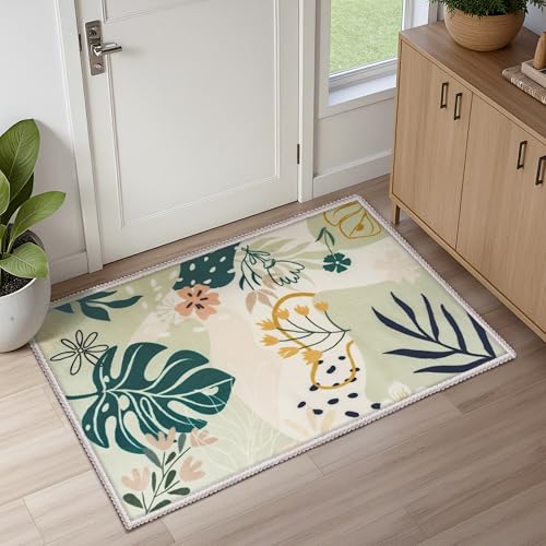 Joiedomi Door Mat Indoor Entrance 2x3 Machine Washable Art Floral Small Rugs for Entryway Non-Slip Rubber Backing Bath Mat Soft Area Rug Stain Resistant Waterproof Carpet for Bathroom Bedroom (Green) - color: 02 - Green, size: 2'x3'