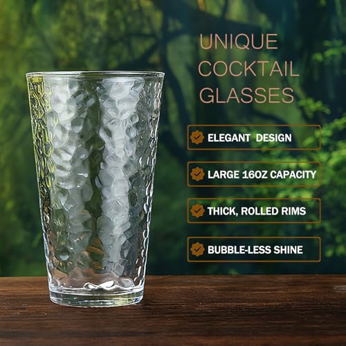 ALINK 16 oz Drinking Glasses, Set of 6 Hammered Glass Cups, Clear Heavy Base Stemmed Highball Water Glasses for Beer, Iced Coffee Cups, Cocktail Glasses, Wine, Iced Tea, Dishwasher Safe - style: Hammered