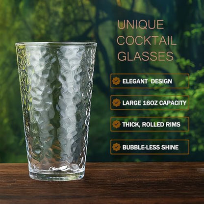 ALINK 16 oz Drinking Glasses, Set of 6 Hammered Glass Cups, Clear Heavy Base Stemmed Highball Water Glasses for Beer, Iced Coffee Cups, Cocktail Glasses, Wine, Iced Tea, Dishwasher Safe - style: Hammered