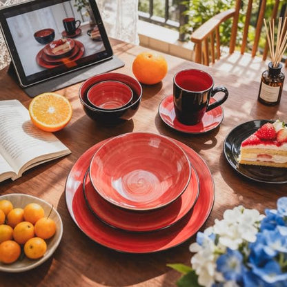 Stoneware Sonoma 56pc Dinnerware Set, Black + Speckled Spin Wash Red - color: Red