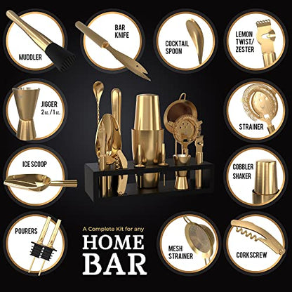 Highball & Chaser Bartender Kit with Black Bamboo Stand Beautiful Cocktail Shaker Set and Bar Tools Stainless Steel Boston Shaker Bartender Kit with Stand (Antique Gold) - color: Antique Gold