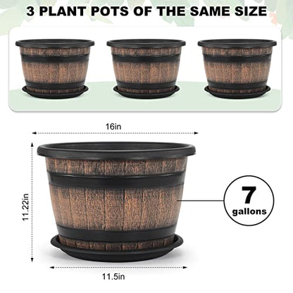 Quarut Large Plastic 3 Pack16 inch Plant Pots,Whiskey Barrel Planters with Drainage Holes & Saucer.Flower Pots Imitation Wine Barrel Design for Indoor & Outdoor Garden Balcony Plants.7 Gallons(Brown) - size: 16 inches