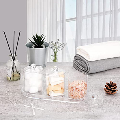 SheeChung 3 PCS Qtip Holder Bathroom Set with Tray, Acrylic Apothecary Jars | Clear Qtip Dispenser with Lids and Labels, Bathroom Qtip Holder Set for Cotton Ball, Cotton Swab 1 Pack Bathroom Vanity Tray - color: Clear
