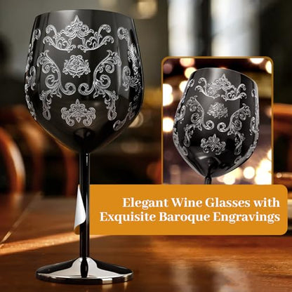 Lifecapido Stainless Steel Wine Glasses Set of 2, 18oz Etched Black Wine Goblets, Unique Wine Glasses with Intricate Baroque Engravings for Party Wedding Anniversary - color: Black