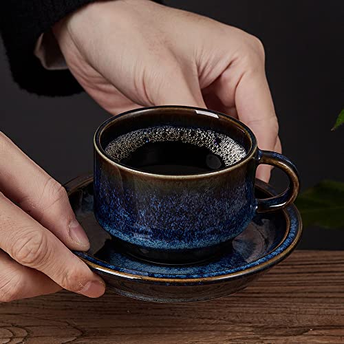 JIEMEI HOME Porcelain Stackable Espresso Cups with Saucers and Metal Stand,4 Ounce Demitasse Cups for Coffee Drinks, Latte, Tea - Set of 6, Stackable Espresso Mugs, Reactive Glaze, Bule - color: Reactive Glaze Blue