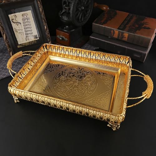 Emoshayoga Metal Serving Tray for Food Snacks and Fruit, Elegant Gold Rectangular Platter for Parties, 20.1 X 11 X 3.7in