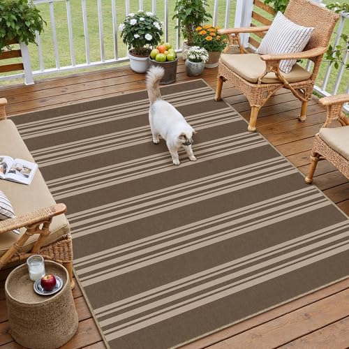 Outdoor Rug 3x5 Washable Striped Jute Look Non Slip Carpet | Nature Stripe Farmhouse Design, Indoor Outdoor Rug for Entryway Kitchen Bathroom Bedroom, Non Shedding, Neutral Decor - color: Brown/Striped, size: 3' x 5' (Rectangular)