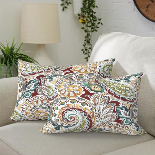 DYTXIII Pack of 2 Waterproof Outdoor Lumbar Pillow with Inserts, 12x20 in Rectangle Decorative Patio Throw Pillow for Home, Sofa,Bench and Patio Furniture, Paisley Chilli - color: Paisley Chilli, size: 12x20 Inch (With Inserts)