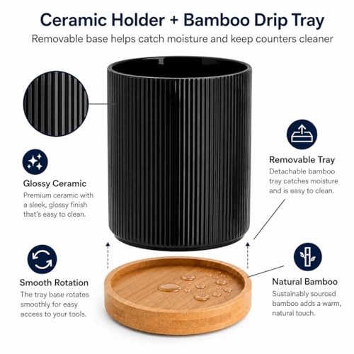 360° Rotating Kitchen Utensil Holder,Ceramic Utensil Holder for Countertop | Utensil Crock for Kitchen Counter with Rotatable Wooden Base,Ideal Housewarming Gift & Mothers Day Gift-Black - color: black