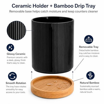 360° Rotating Kitchen Utensil Holder,Ceramic Utensil Holder for Countertop | Utensil Crock for Kitchen Counter with Rotatable Wooden Base,Ideal Housewarming Gift & Mothers Day Gift-Black - color: black