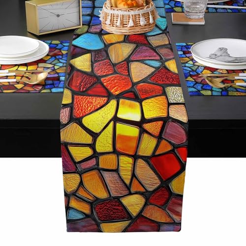 Table Runner and Placemats Set of 4 Geometric Decorative Dining Table Runner with Matching Placemats Colorful Stained Glasswork Pattern Table Decor for Kitchen Dining Room and Everyday Use 13x70in - size: 13"x70"+4pcs