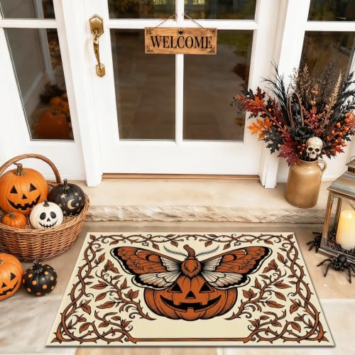 Pumpkins Welcome Door Mat, Seasonal Festive Butterfly Leaves Halloween Orange Non-Slip Dirt Trapper Decorative Doormat Entryway Decor for Front Porch Bathroom Office 29x17 Inch