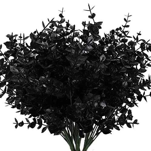RECUTMS Black Artificial Flowers,Fake Outdoor UV Resistant Plants 8 Packs | Black Eucalyptus Greenery Decor,Faux Plastic Greenery Shrub Indoor Outside Hanging Planter Garden Halloween Flower Decoration - color: Black Eucalyptus, size: 8 Pcs